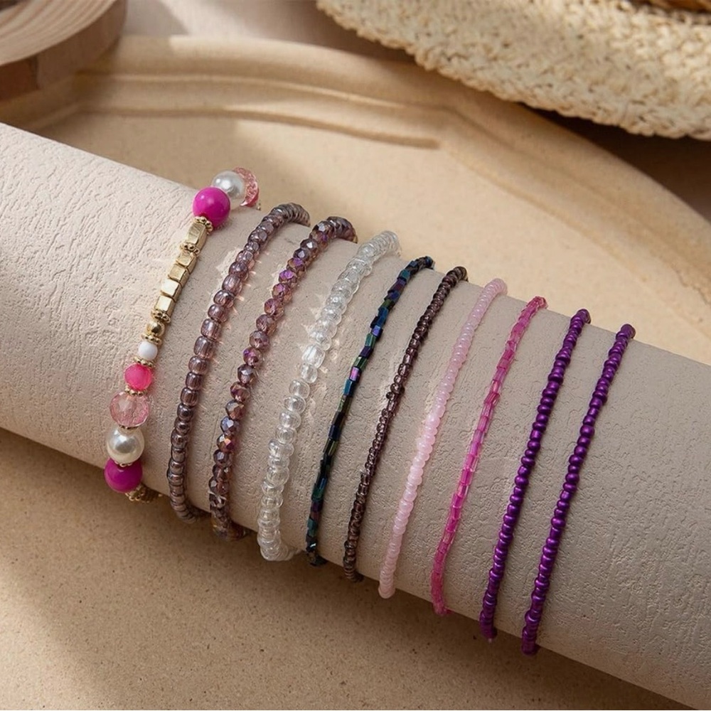 Boho Multi-Strand Beaded Stretch Bracelet Stack - Purple, Pink & Gold - Picture 2 of 5